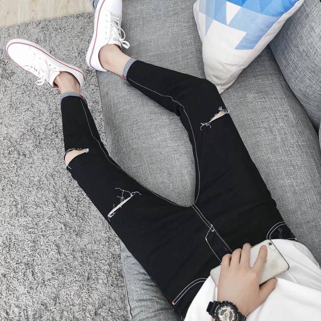 Quần Jean Ngắn Dáng Ôm Thiết Kế Rách Cá Tính Thời Trang Cho Nam Size Nhỏ 26-27