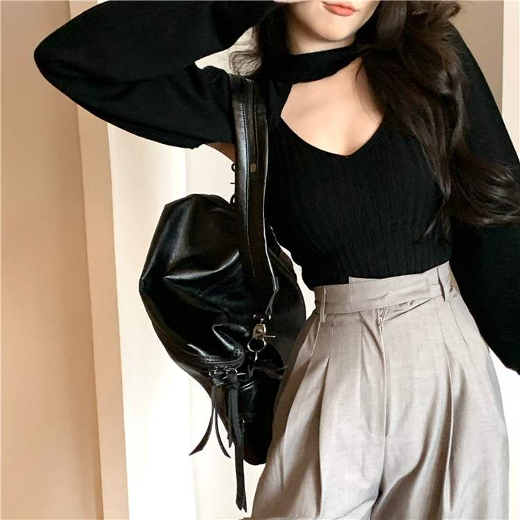 Áo mặc ngoài dệt kim cổ tròn thiết kế hở lưng dài tay thời trang gợi cảm cho nữ