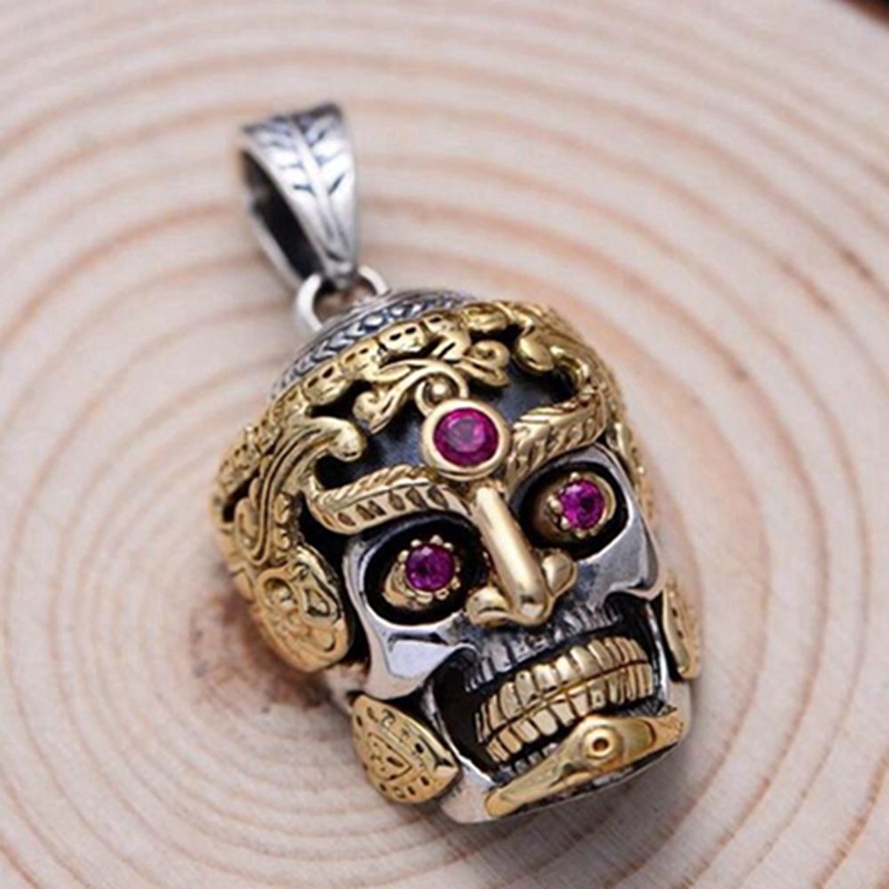 Vàng Punk Skull Đá dát Đá đỏ Garnet Mặt dây chuyền vòng cổ, Trang sức nam Retro