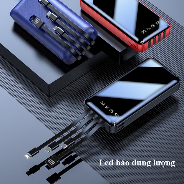 Pin sạc dự phòng 20000mah power bank có sẵn 4 dây sạc, có led báo dung lượng, 2 cổng usb, 2 cổng sạc type C