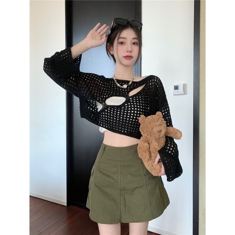 Porozi Áo croptop dệt kim tay dài chống nắng thời trang phong cách Hàn Quốc cho nữ