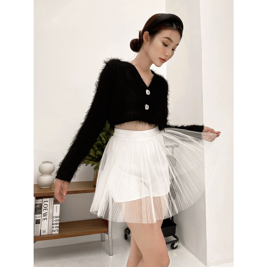 RECHIC Áo kiểu Cozia dáng croptop tay dài cổ chữ V nhẹ nhàng xinh xắn phù hợp dạo phố