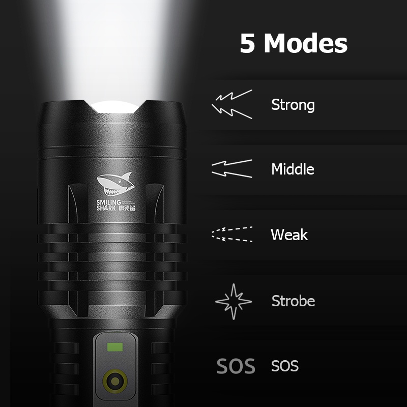 Đèn pin SMILING SHARK SD0095 M77 3500lumens sáng mạnh thu phóng sạc USB chống nước cho cắm trại/đi bộ đường dài/săn bắn