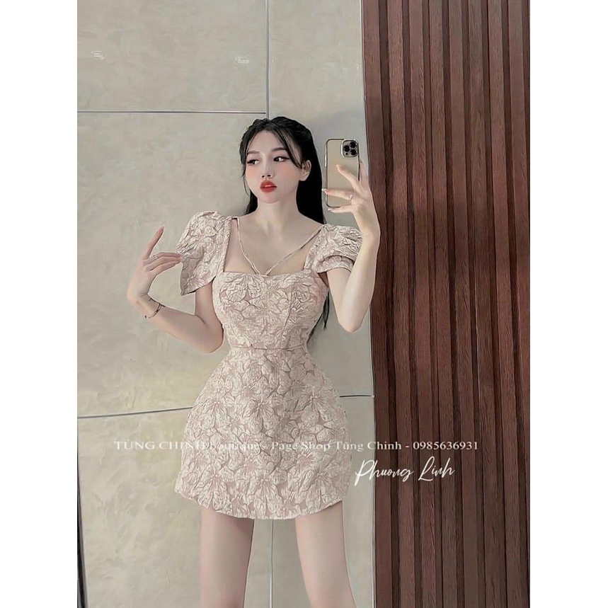 Đầm Nữ Gấm Cổ Vuông Chéo Dây Hoa Gấm Hở Lưng Kèm Ảnh Thật , Váy Nữ Tay Ngắn Dáng Xòe Buộc Dây 2 Màu