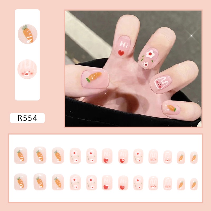 Bộ Móng Tay Giả Màu Hồng In Hình Củ Cà Rốt Dễ Thương Cho Nữ