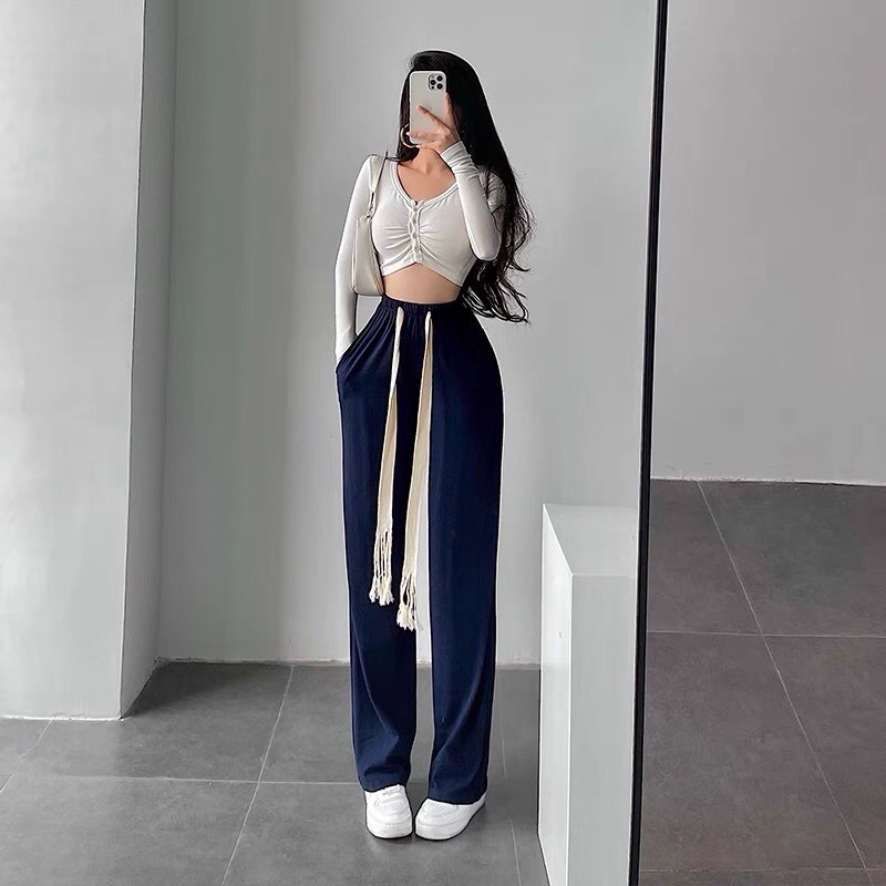 Quần culottes nhung tăm dây rút bản to hàng hot dáng dài form rộng vanmiushop