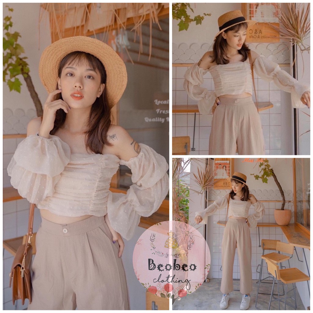 Áo croptop bẹt vai tay bo phồng voan bi nhúng ngực dễ thương