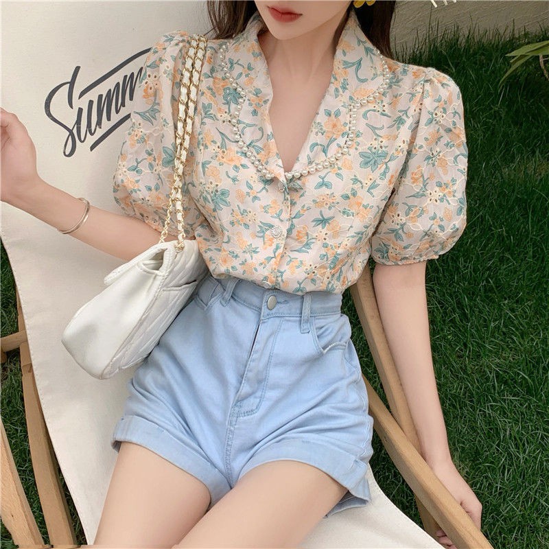 Áo sơ mi tay ngắn họa tiết hoa thời trang mùa hè cho nữ