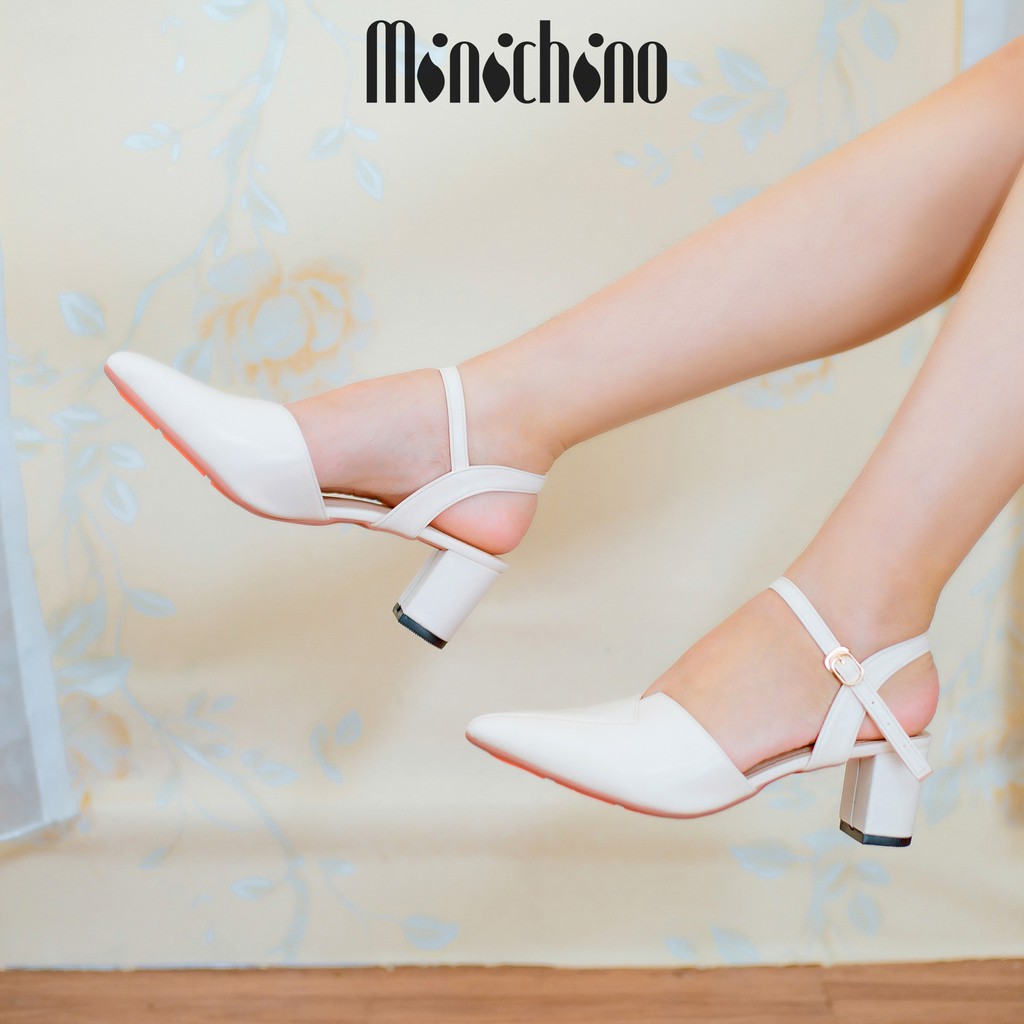 Giày sandal nữ gót cao 5cm MINICHINO giày cao gót nữ da mờ đế vuông mũi nhọn hở gót phối dây màu kem TC001