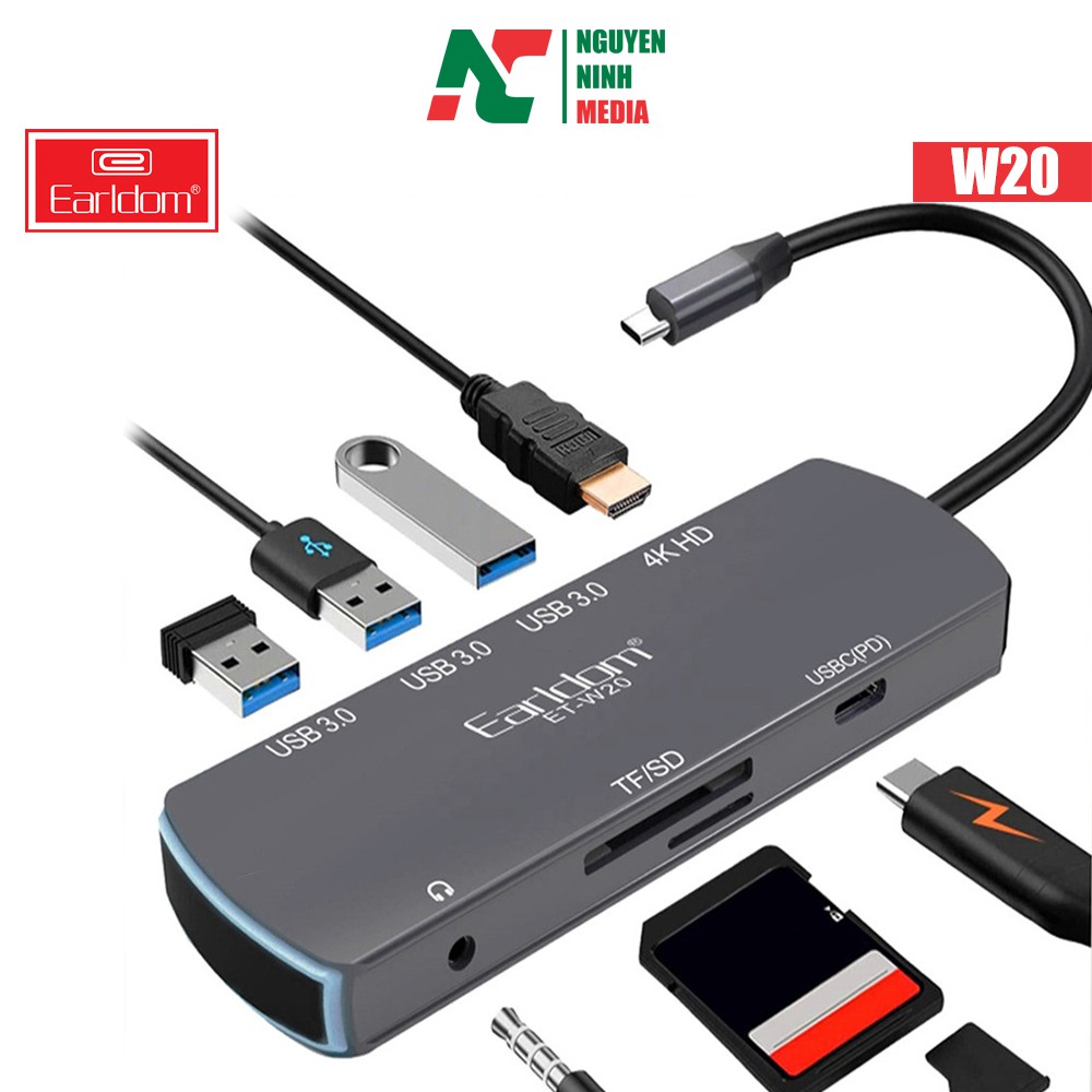 Cáp Chuyển USB Type C to HDMI 4K + 3 USB 3.0 + SD/TF + 3.5MM + USB C  Earldom W20 - Hàng Chính Hãng