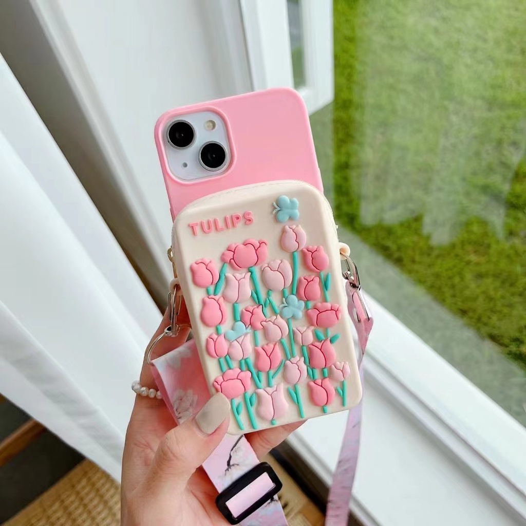 Ốp Điện Thoại Thiết Kế Ví Đựng Xu Hình Hoa Tulip Cho Samsung A03 A03S A12 A13 A22 A32 A33 A53 A73 M51 M52 M62 S22 Ultra