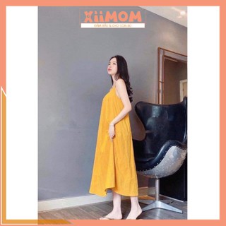 Đầm bầu 2 dây - váy bầu mùa hè chất đũi siêu mát hàng freesize BN32 - Xiimom