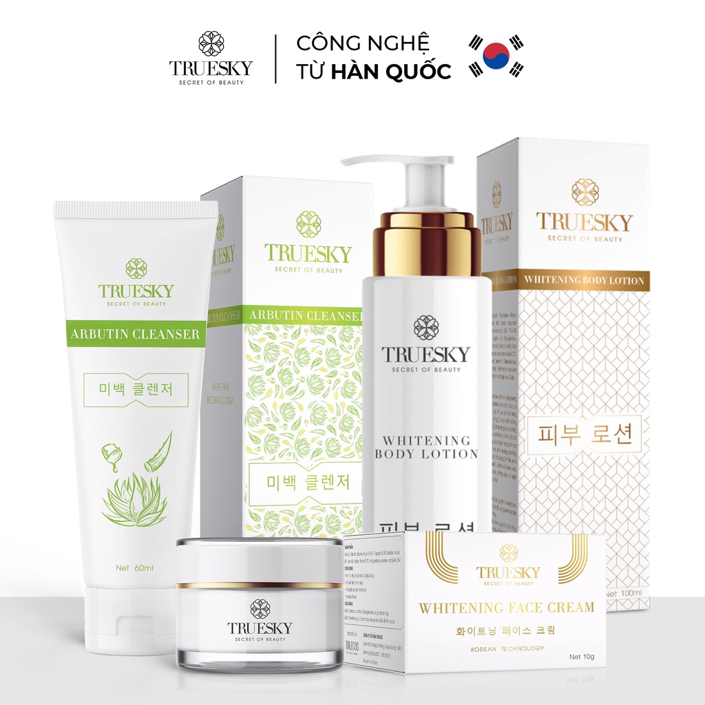 Bộ dưỡng trắng VIP04 Truesky gồm 1 sữa rửa mặt 60ml & 1 kem dưỡng trắng da mặt 10g & 1 kem dưỡng trắng toàn thân 100ml