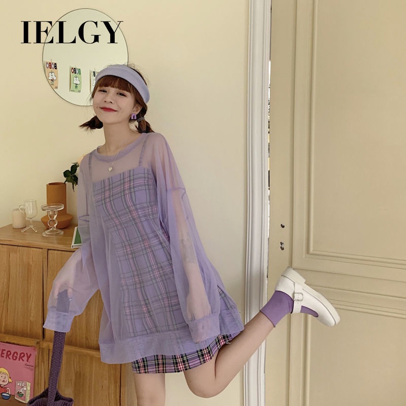 Bộ đầm IELGY màu tím phối lưới thời trang mùa hè phong cách Hàn Quốc cho nữ