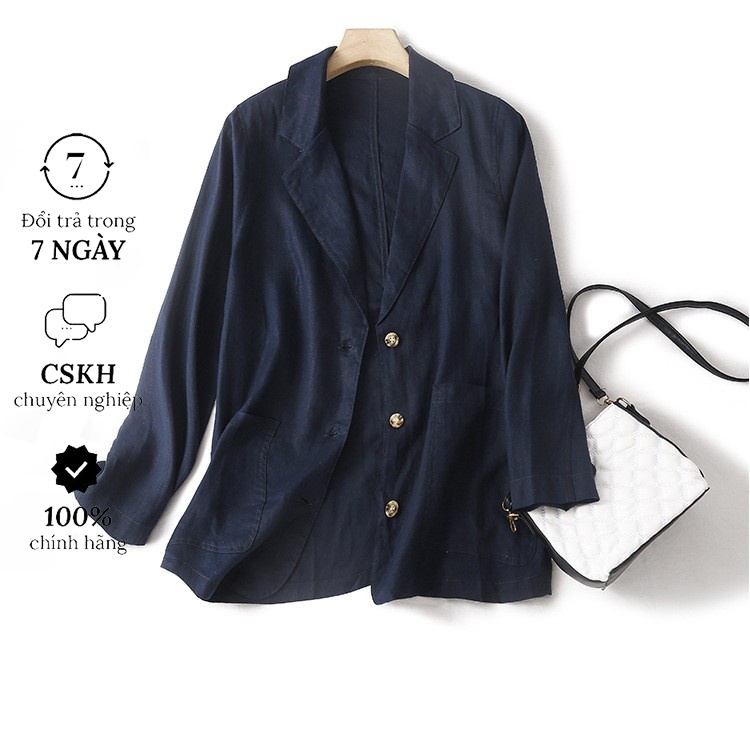 Áo Blazer Nữ Chất Linen Cao Cấp. Hàng 1 Lớp, 2 Túi, 3 Cúc màu xanh đen BZ04