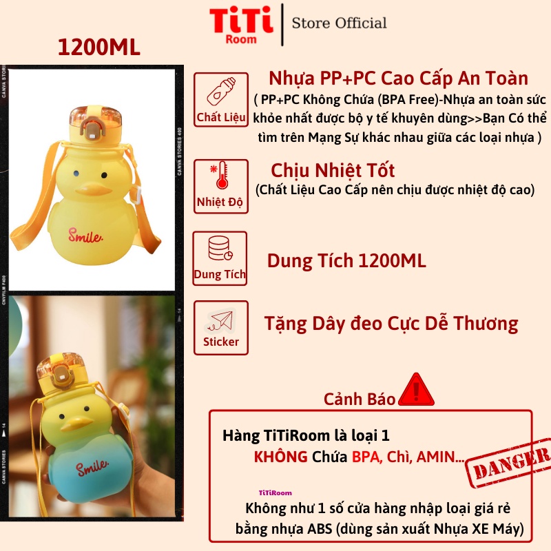 Bình đựng nước nhựa dễ thương hình chú vịt cute 650ml chịu nhiệt Bình nước có ống hút cho bé cá nhân tặng dây đeo titi