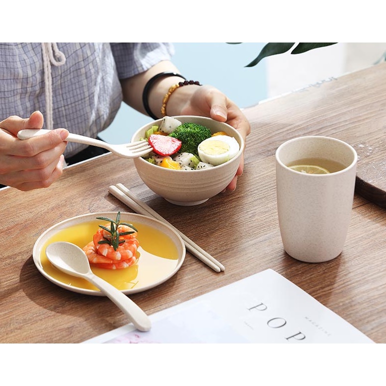 Bộ 6 Tô / Cốc / Dĩa Bằng Lúa Mạch Thân Thiện Với Môi Trường Chống Rơi Vỡ Tiện Dụng Cho Gia Đình