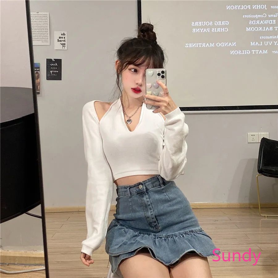 Chân váy jean Lưng Cao Phối Bèo Phong Cách Vintage Cho Nữ