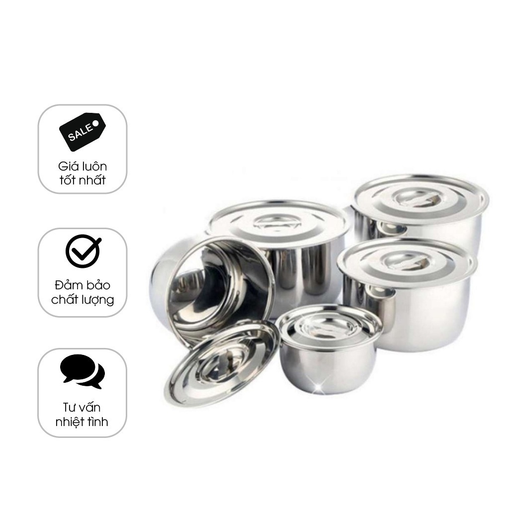 Bộ 5 Nồi Inox Không Quai Sáng Bóng Kèm Nắp Đủ Size 16-18-20-22-24 cm - dùng được trên bếp từ