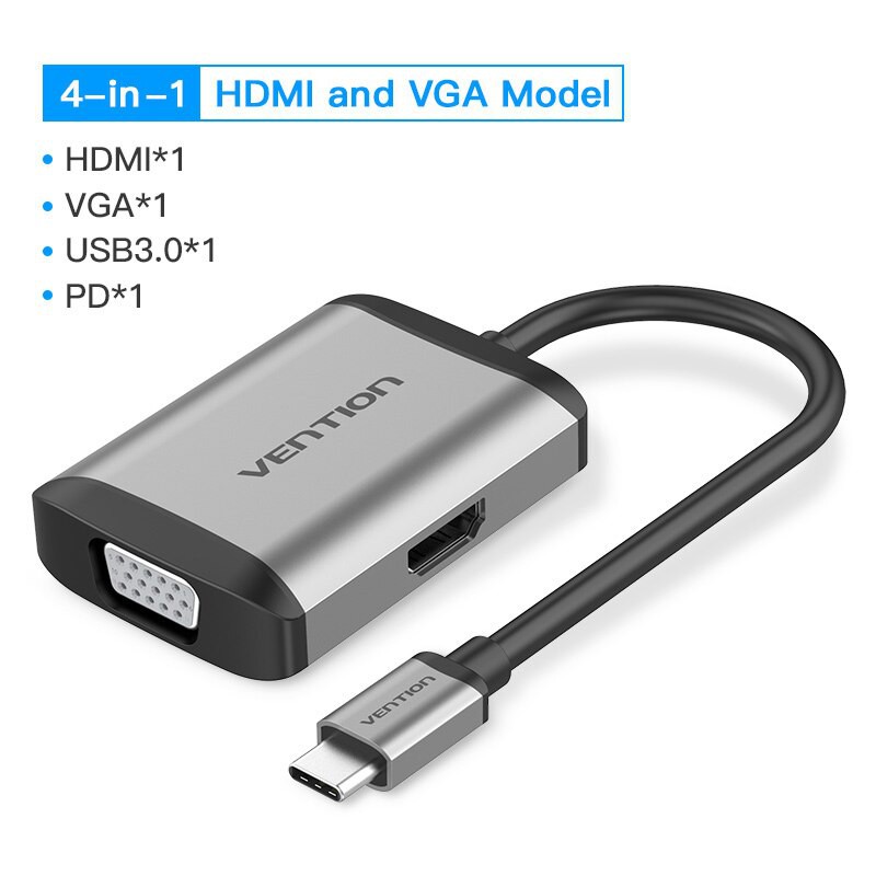 [Mã ELTECHZONE giảm 5% đơn 500K] Cáp chuyển USB Type C to HDMI + VGA + USB + PD (87W) (4 in 1) Vention - TFAHB - BEN