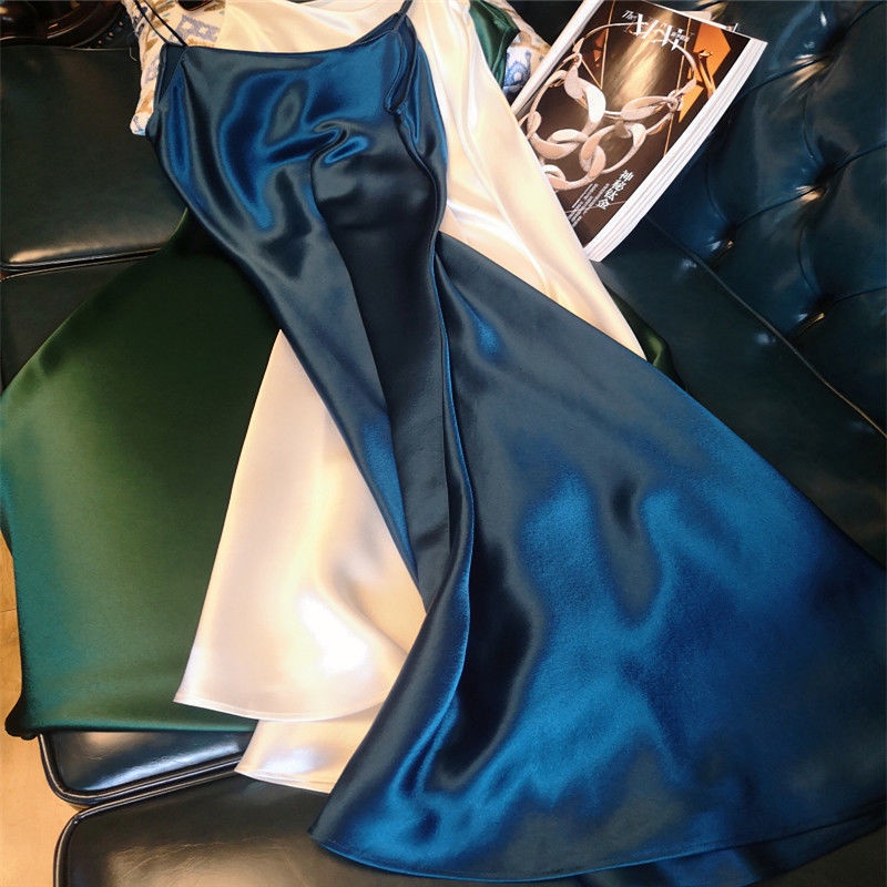 Đầm Hai Dây Giả Lụa Satin Dáng Ôm Dài Vừa Vặn Hàng Châu Cao Cấp