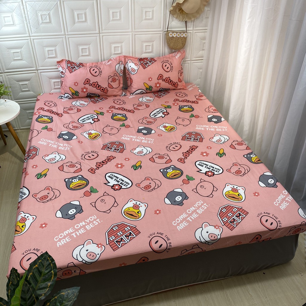 Bộ Ga giường cotton kèm áo gối nằm K'home vải cotton 3d poly siêu cute