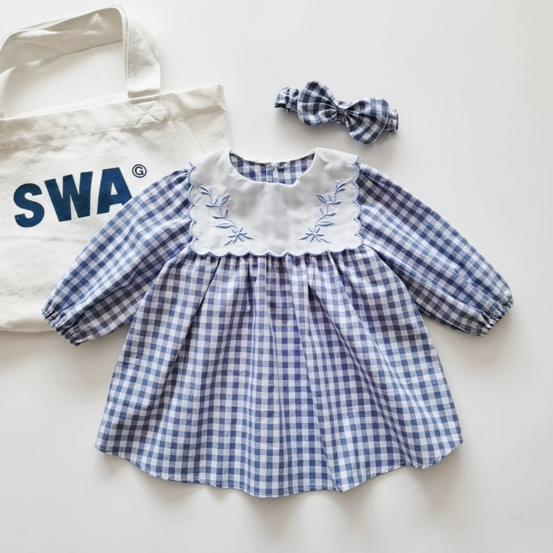 Đầm Cotton Cổ Thủy Thủ Thêu Họa Tiết Dễ Thương Kèm Băng Đô Cài Tóc Xinh Xắn Cho Bé Gái 0-5 Tuổi