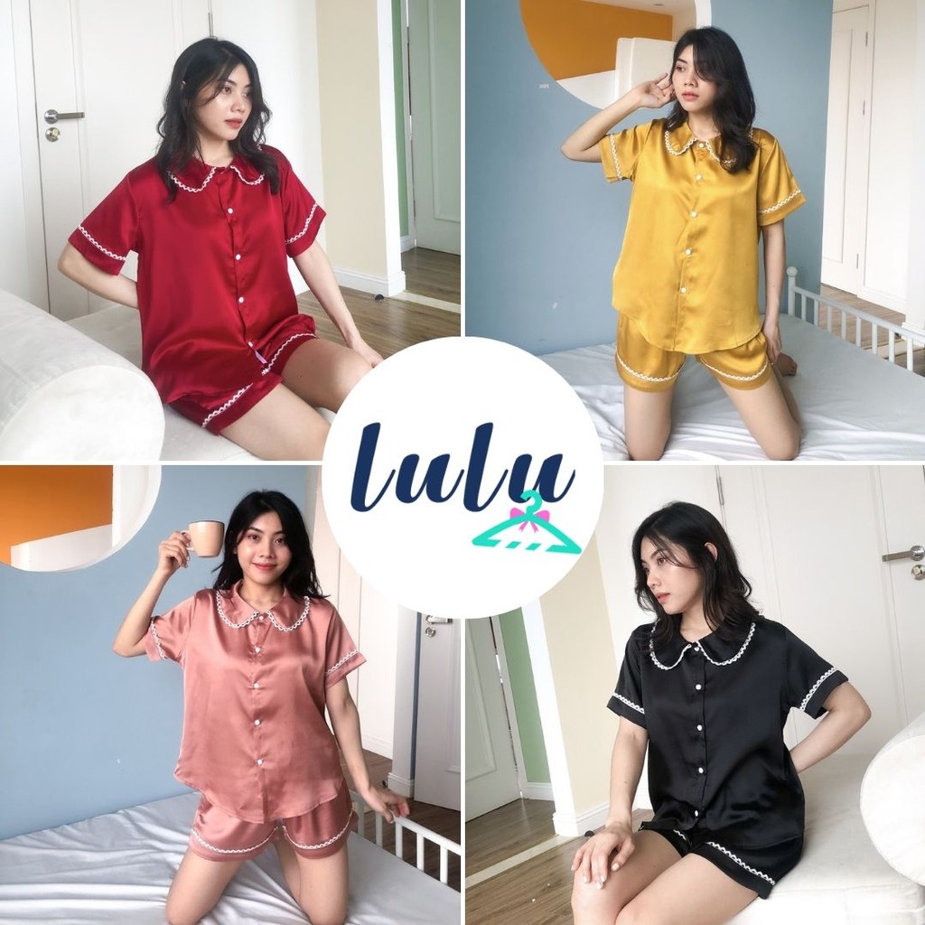 Bộ ngủ pijama quần đùi nữ lụa satin cao cấp size M, L. Đồ bộ mặc nhà nữ áo cộc quần đùi lụa satin có size Lulu Shop.