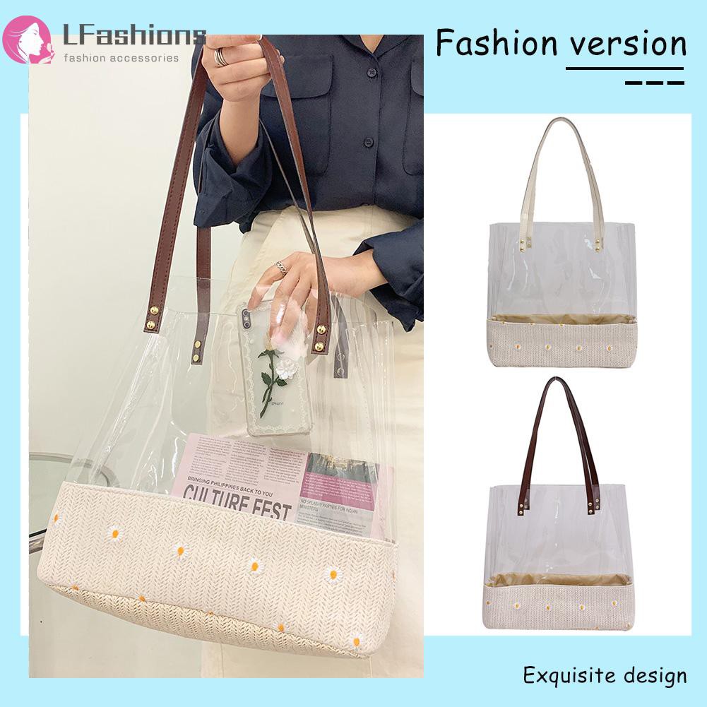 Fashion Women Woven Patchwork Daisy Shoulder Bag Summer Clear Tote Handbags