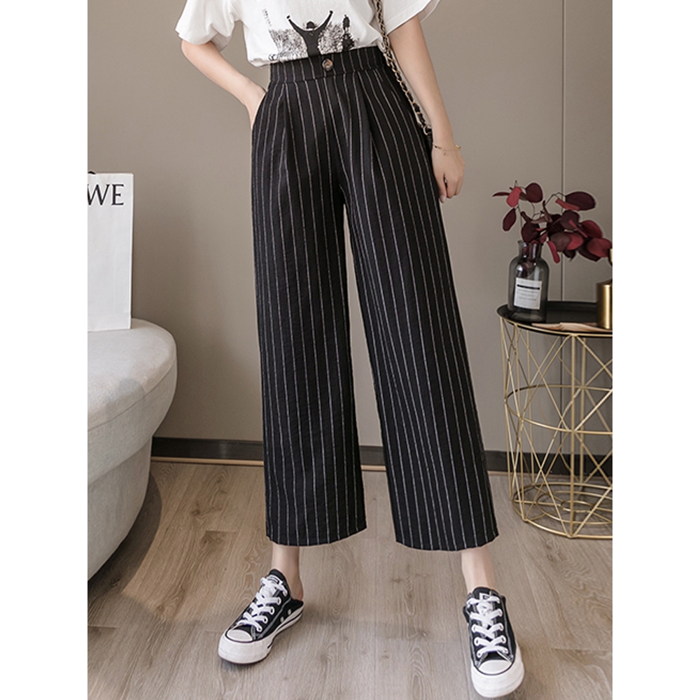 Quần dài vải cotton lanh mỏng form rộng dáng suông kẻ sọc dễ thương | BigBuy360 - bigbuy360.vn