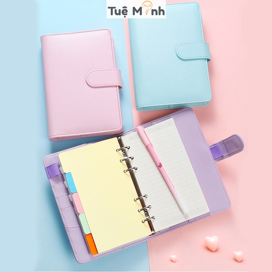 Sổ còng A6 bìa da full phụ kiện ruột tài chính S09 Vpp Tuệ Minh bìa Pastel kèm tab phân trang, túi zip sổ còng, bút gel