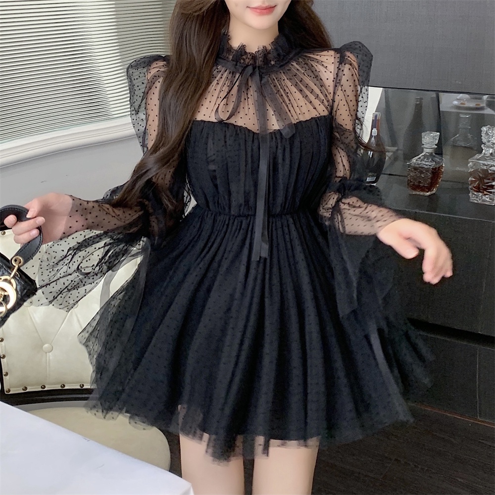 Đầm ngắn  cổ tích công chúa voan chấm bi mẫu mới mùa thu đông ảnh thật cuối