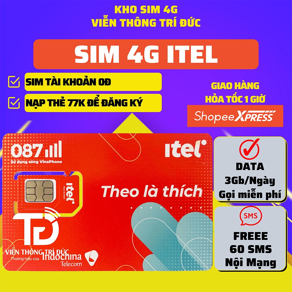 Sim 4G iTel MAY77 Mạng Vinaphone Data 90Gb/Tháng, Gọi Miễn Phí VinaPhone, Free 60 SMS, Sim 4G Phát Wifi Giá Rẻ