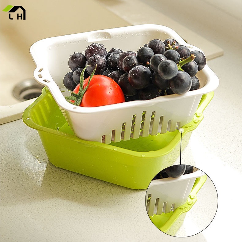 Combo Rổ Thau 2 Món Chậu Ráo Nước Hai Lớp Cao Cấp Tiện Lợi, Rổ Đựng Rau, Hoa Quả bằng nhựa（LO52）