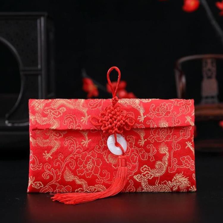 Bao Lì Xì Tết Vải Gấm Cao Cấp 2023 - Bao Lì Xì Cưới Nằm Ngang Ngọc Bội - Bao Nạp Tài Mùa Cưới Vải Nhung Hình Rồng