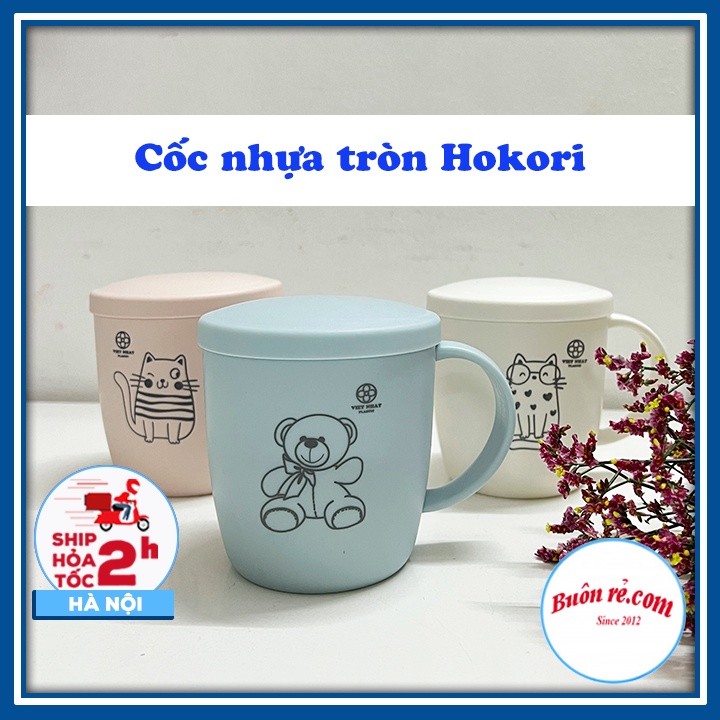 Cốc nhựa có nắp Hokori Việt Nhật chịu nhiệt tốt  - Cốc uống nước có quai câm kèm nắp màu xinh xắn Br 01598