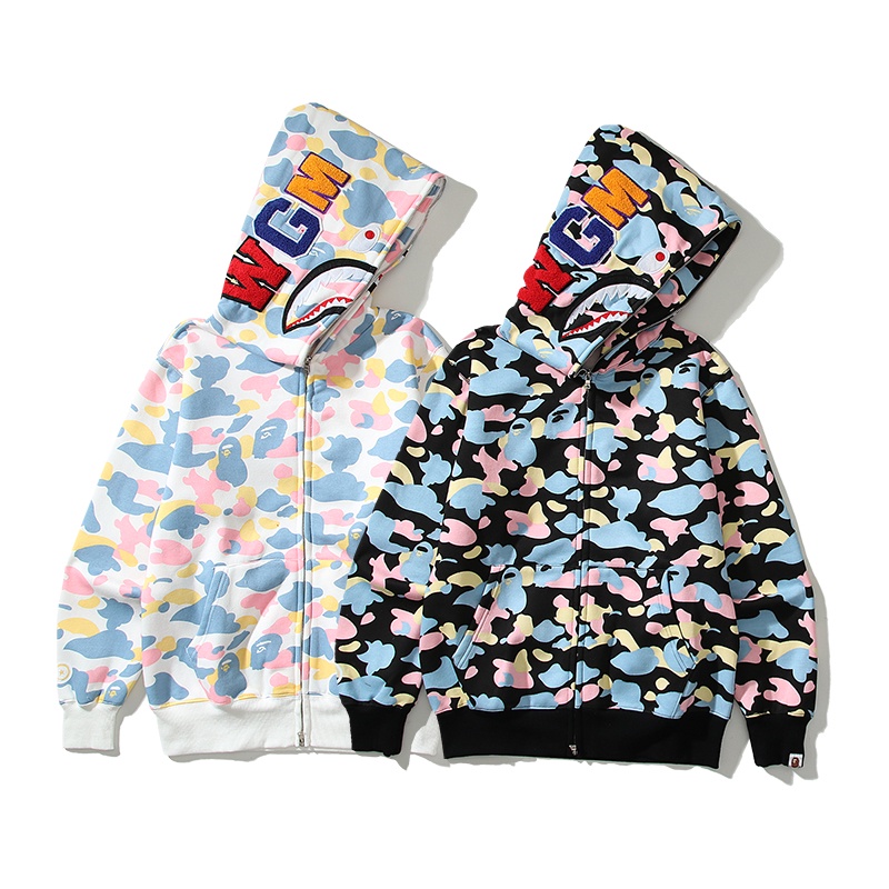 ❤❀  ❤ Bape Áo Khoác Hoodie Tay Dài In Hình Đầu Cá Mập Họa Tiết Rằn Ri Cá Tính Cho Cặp Đôi