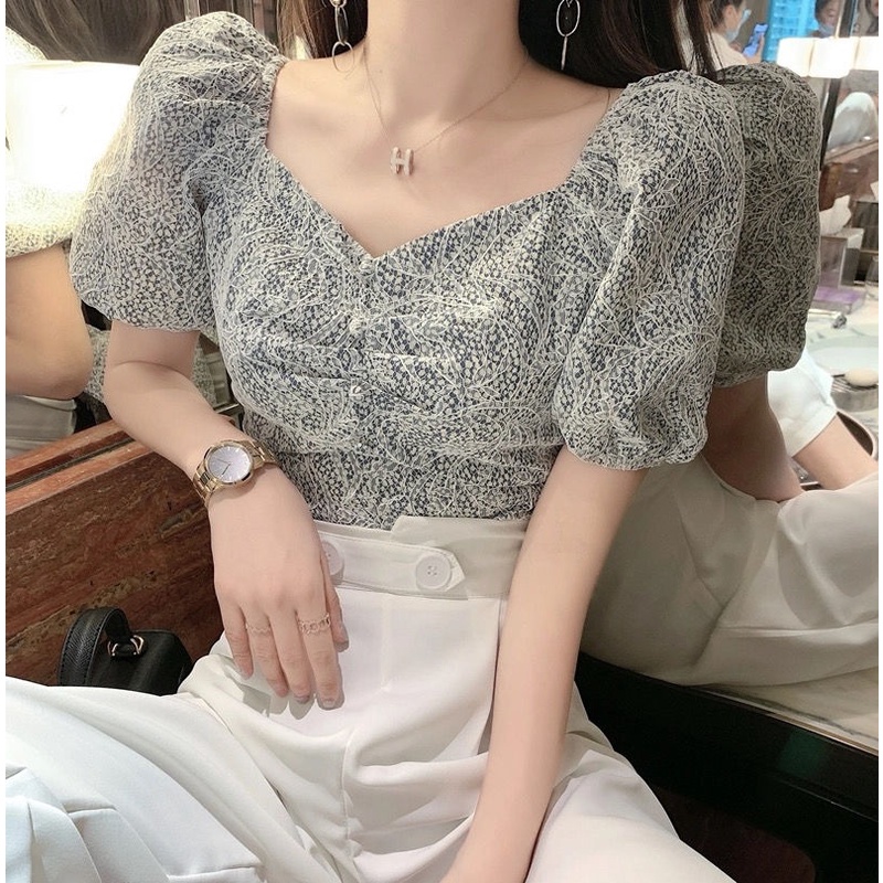 Áo sơ mi ren tay phồng hoa mùa hè khoét lưng thắt nơ cho nữ