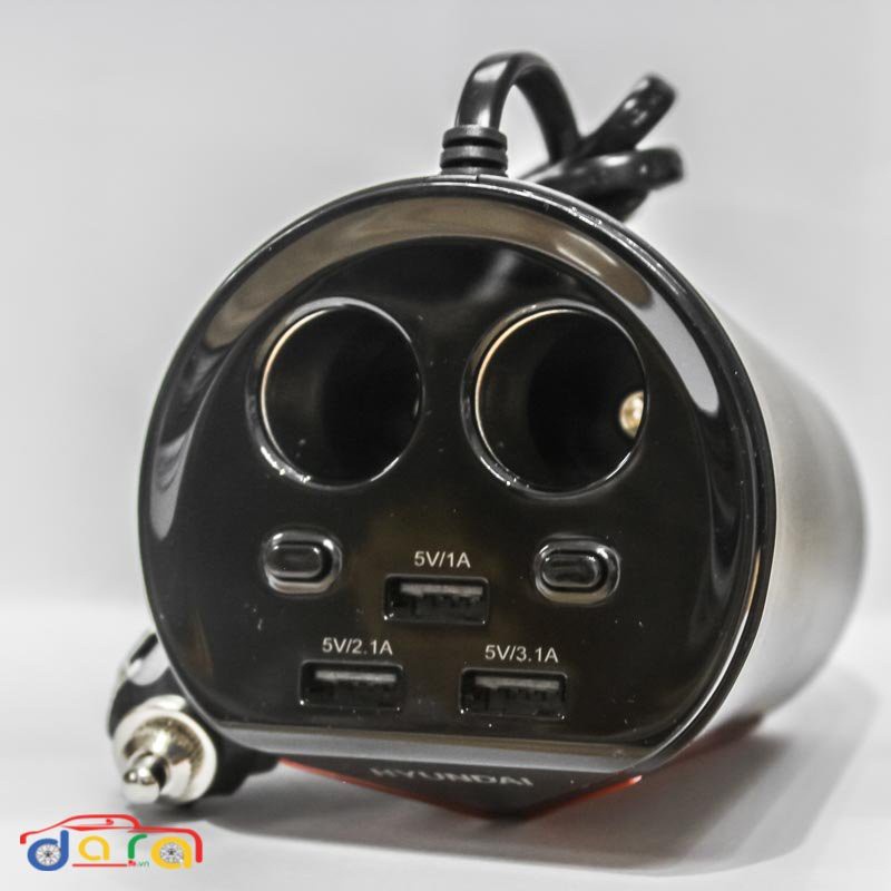 Bộ chia tẩu sạc xe hơi cao cấp Hyundai có led 2 cổng USB hiện thị điện áp phụ kiện ô tô Mộc Lan