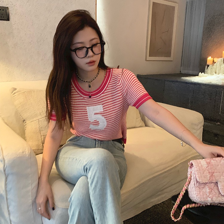 SUXI Áo Thun Ngắn Tay Cổ Tròn Dáng Rộng Họa Tiết Kẻ Sọc Đơn Giản Thời Trang Mùa Hè Cho Nữ