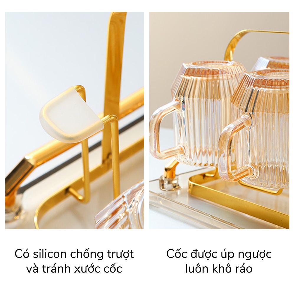 Bình nước thuỷ tinh vân sọc, 6 cốc thủy tinh vân sọc có quai kèm khay và giá úp sang trọng - VS318