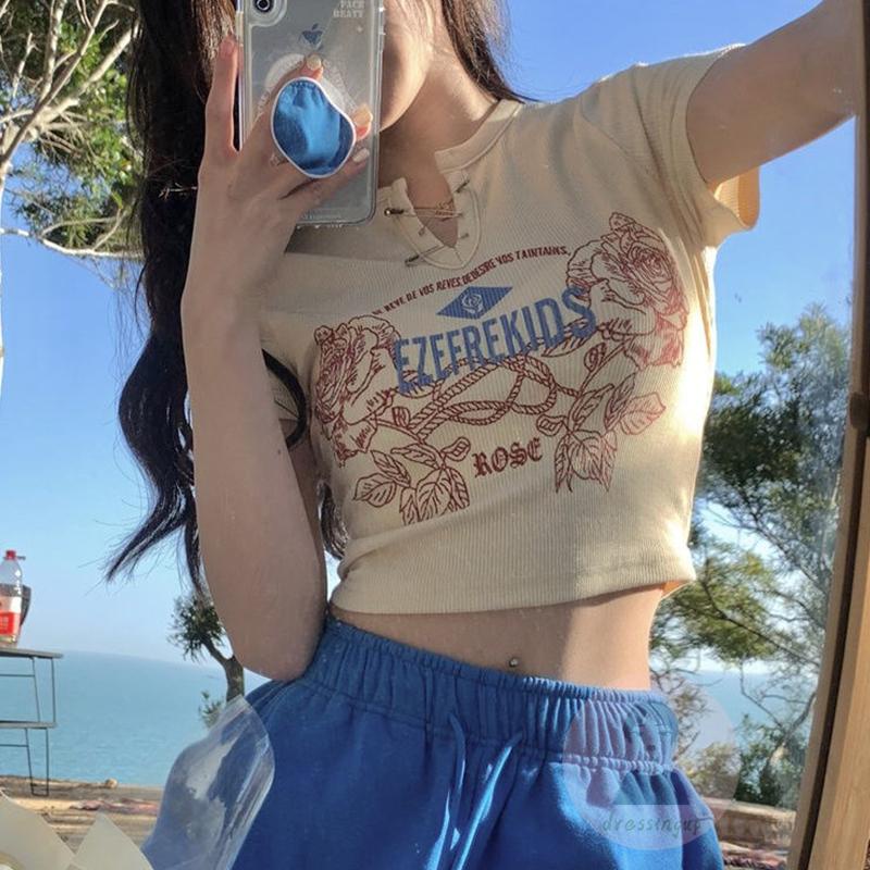 Áo Thun Nữ Ngắn Tay Họa Tiết Hoa Thời Trang Mùa Hè Màu Đen/Trắng