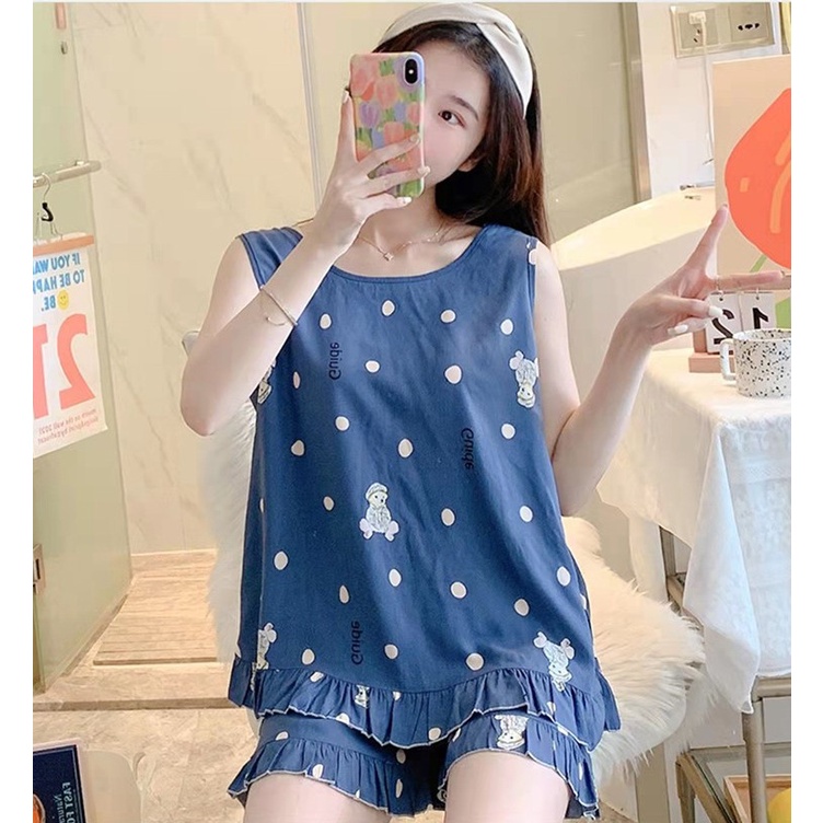 Bộ quần áo lanh sát nách mặc nhà siêu mát cho nữ nhún bèo cách điệu, thời trang, size 45 - 75 kg