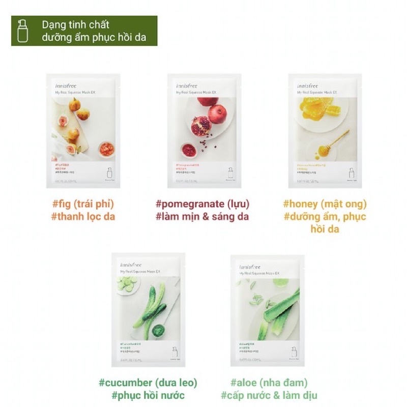 Combo 20 mặt nạ Innisfree My Real Squeeze Mask full nhiều vị , combo 20 mask innisfree, combo 20 mặt nạ Hàn Quốc