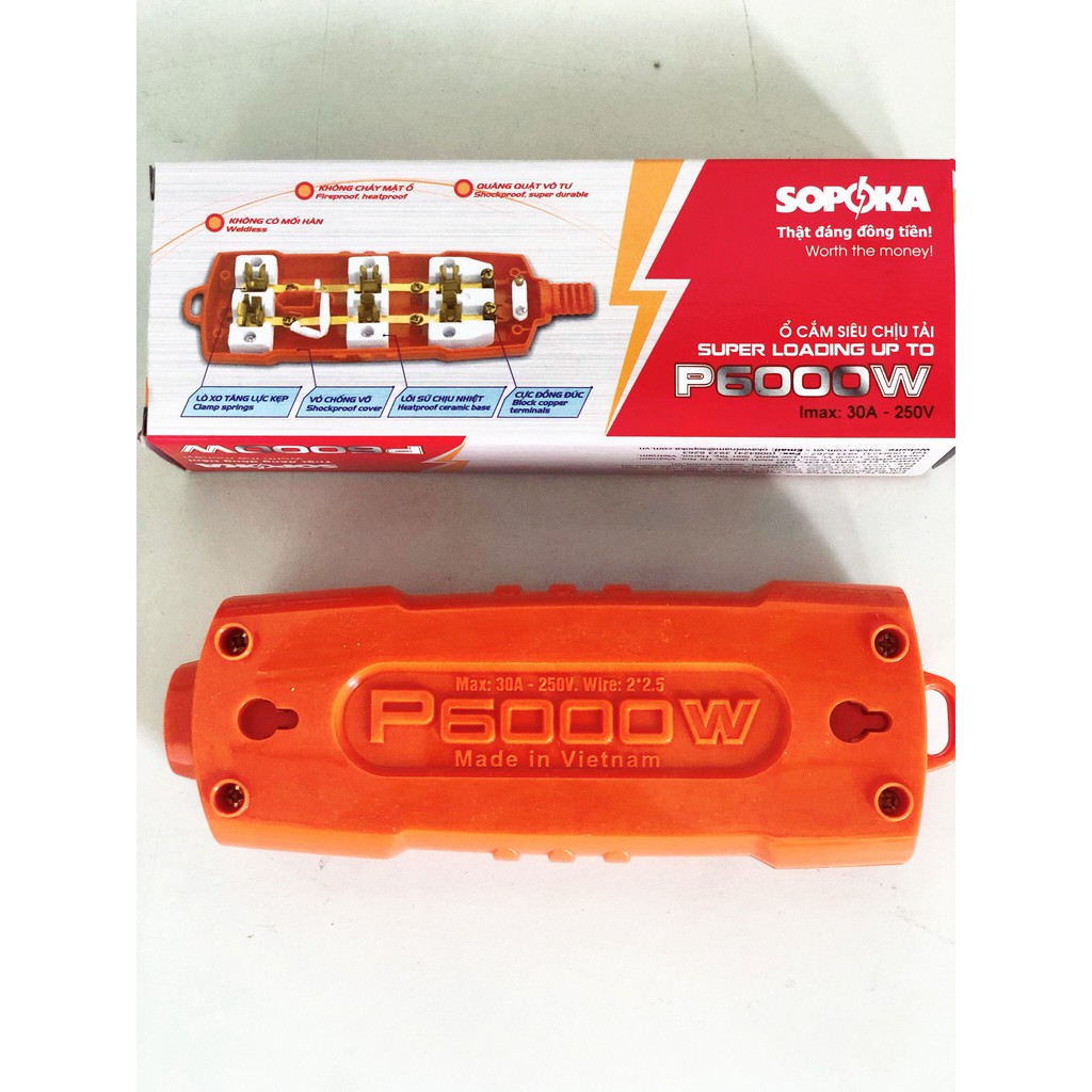 Ổ cắm siêu chịu tải Sopoka lõi sứ chống cháy P6000W, 4S-6000W