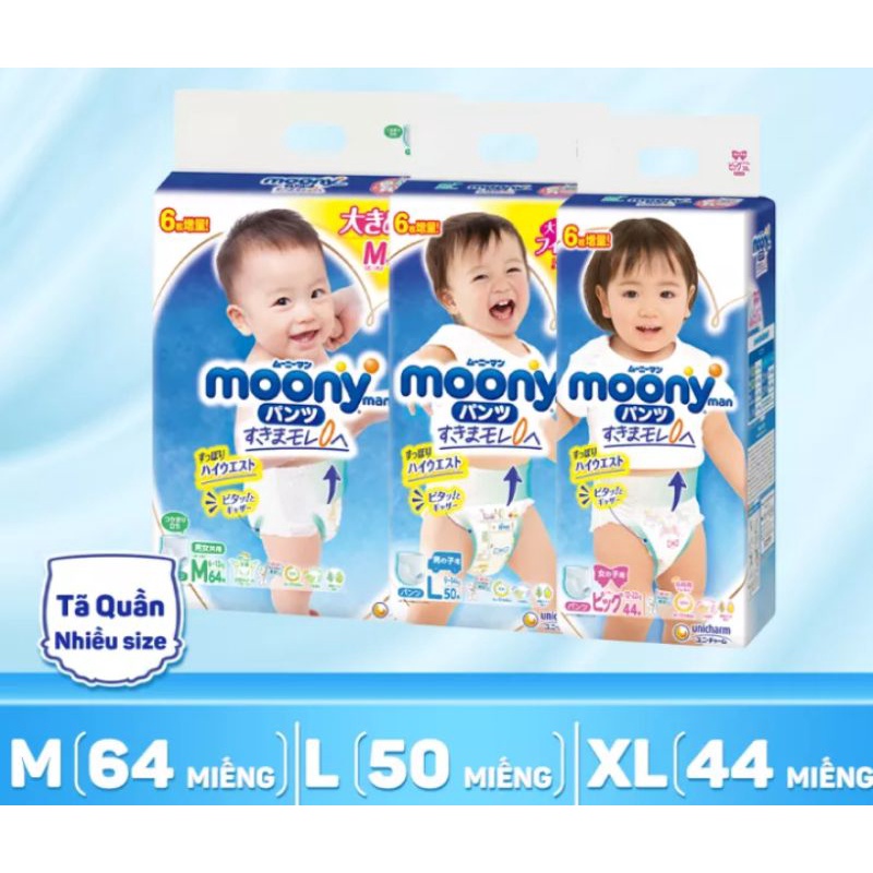 [Tặng miếng] Tã Dán/ Quần MOONY NB90/ S84/ M64/ L54/ XL44/ M58/ L44/ XL38/ XXL26