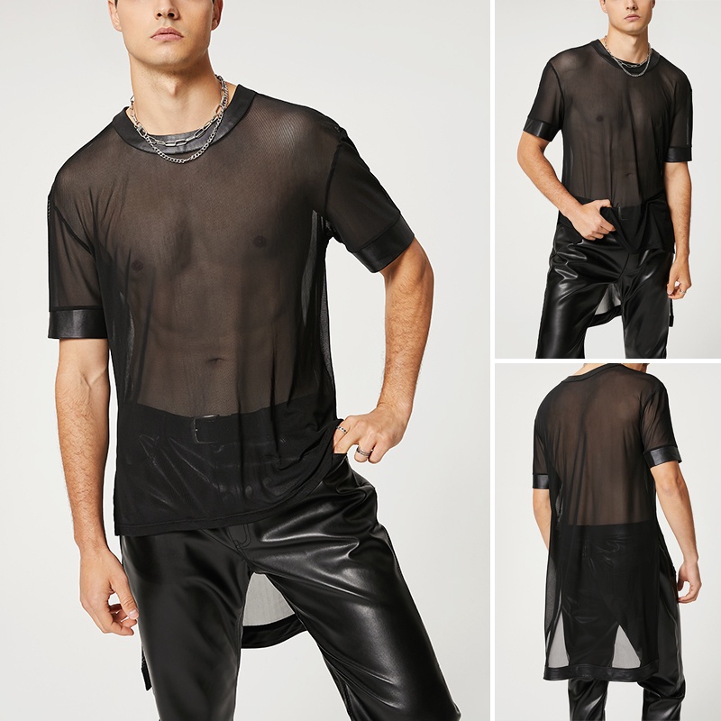 Áo Thun Nam Tay Dài Vải Da Xuyên Thấu Phong Cách Gothic