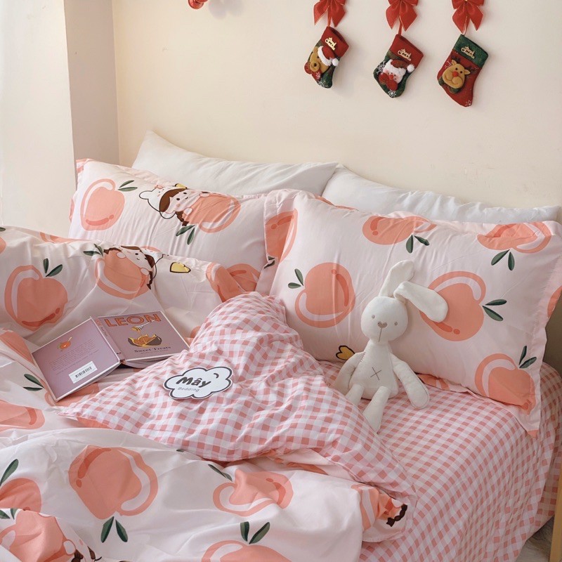 Bộ chăn ga gối Cotton Poly họa tiết quả đào màu hồng cam MÂY BEDDING đủ kích thước nệm