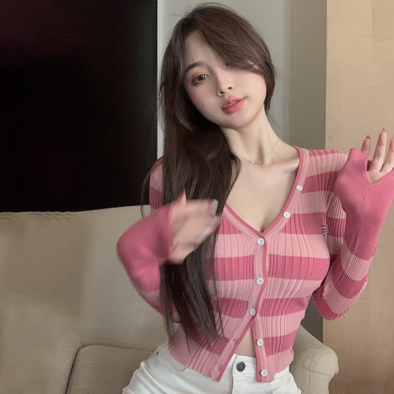 Áo Khoác Cardigan Tay Dài Cổ Chữ V Hoạ Tiết Kẻ Sọc Cho Phái Nữ