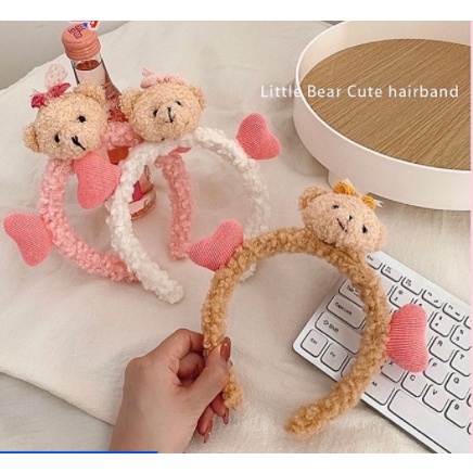 Bờm Cài Tóc Con Gấu Trái Tim Hồng Lông Xù Dễ Thương Cute Phong Cách Hàn Quốc